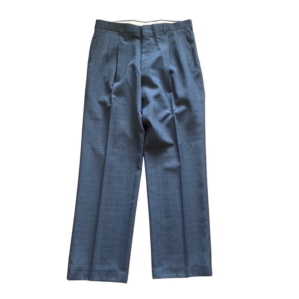 Botany 500 Mens Gray Windowpane Pleated Dress Pants Size 35 Made in USA Vintage